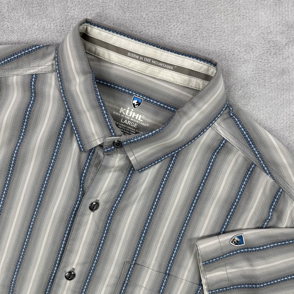 Kuhl Shirt Mens Large Grey Blue Striped Short Sleeve Performance Outdoors Casual